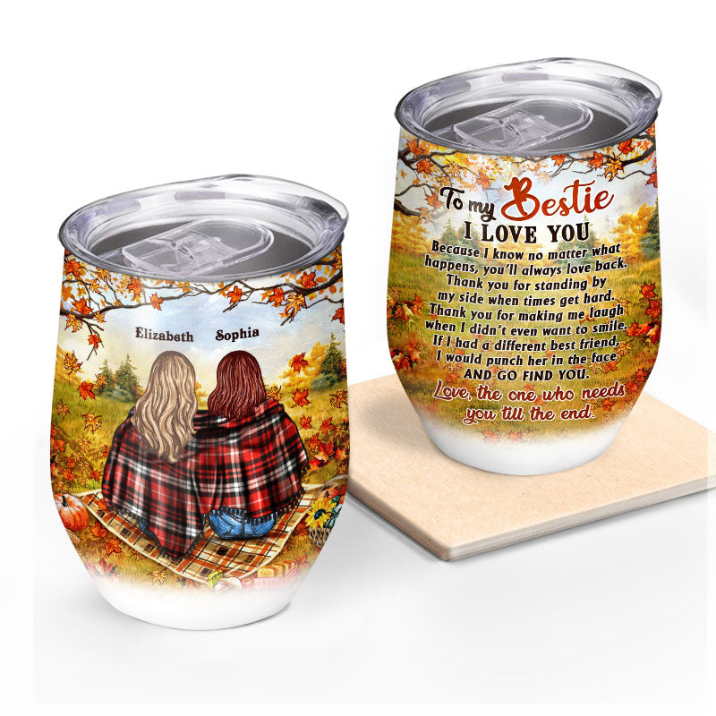 Personalized Autumn Flannel Bestie I Love You Custom Wine Tumbler, Gift For BFF