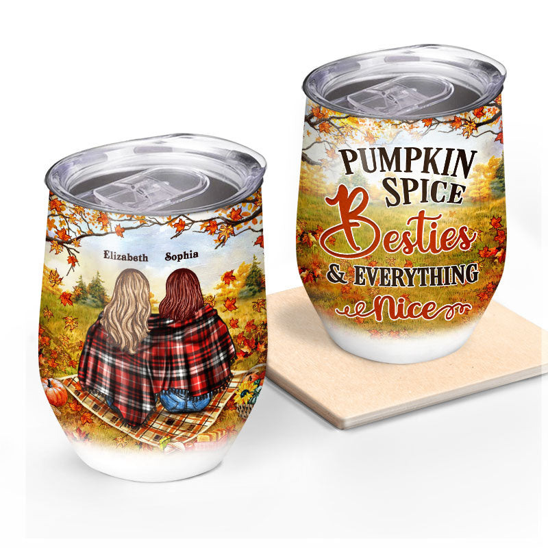 Personalized Autumn Flannel Bestie Pumpkin Spice Bestie & Everything Nice Custom Wine Tumbler, Gift For BFF