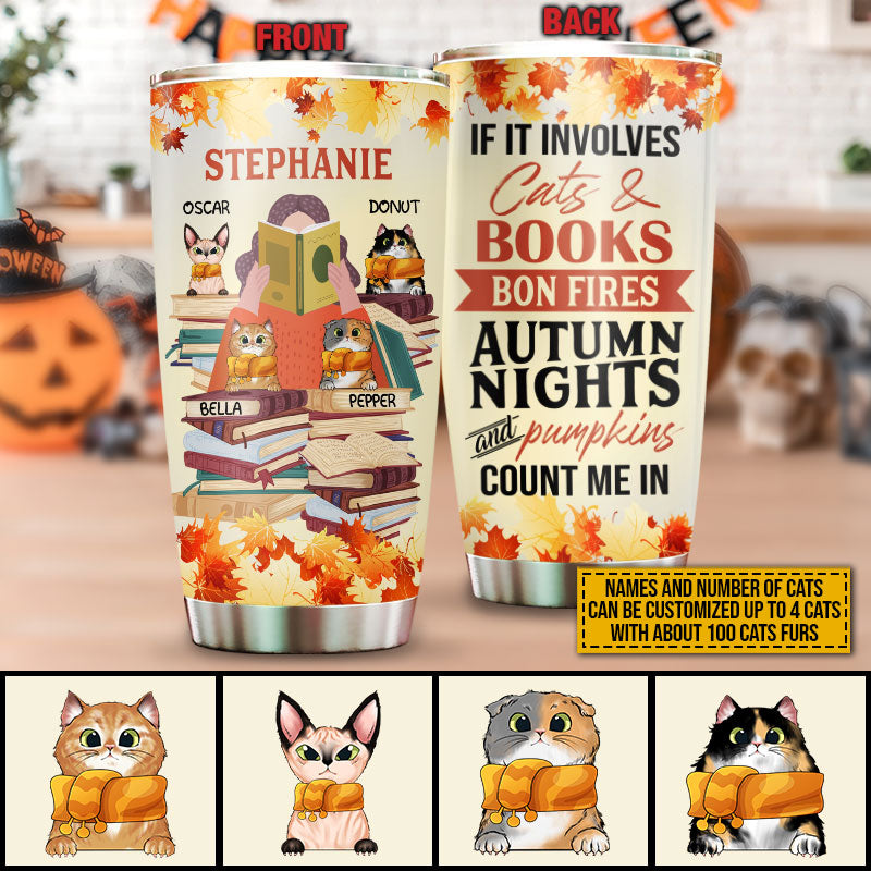 Autumn Book Cat And Fall Lovers Count Me In Custom Tumbler, Girl Reading With Cats, Fall Gift