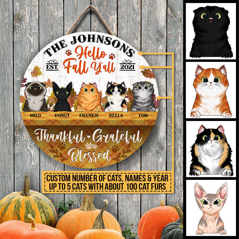 Autumn Cats Happy Fall Y'all Custom Wood Circle Sign, Personalized Cats Sign, Fall Decor, Thanksgiving Gift