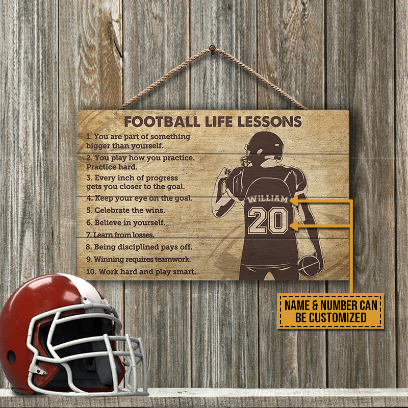 American Football Life Lessons Custom Wood Rectangle Sign, Sport Motivation, Football Room Decor