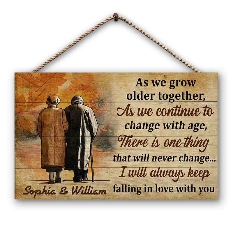 Autumn Old Couple As We Grow Older Together - Personalized Custom Wood Rectangle Sign