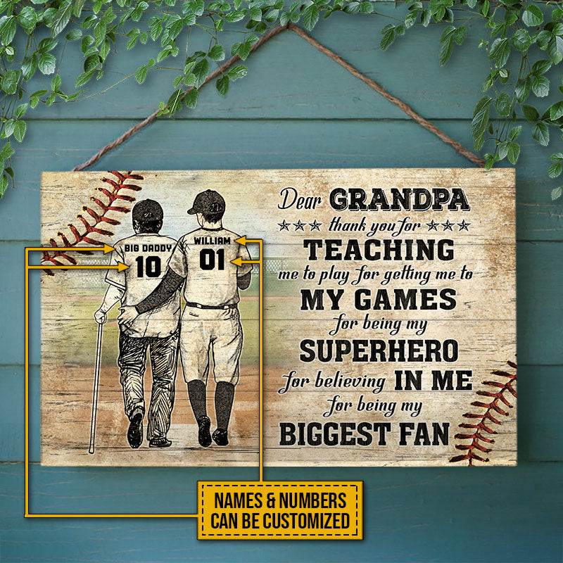 Baseball Grandpa And GrandChild Thank You Custom Wood Rectangle Sign, Personalized Baseball Sign, Gift For Grandpa, Gift For Dad