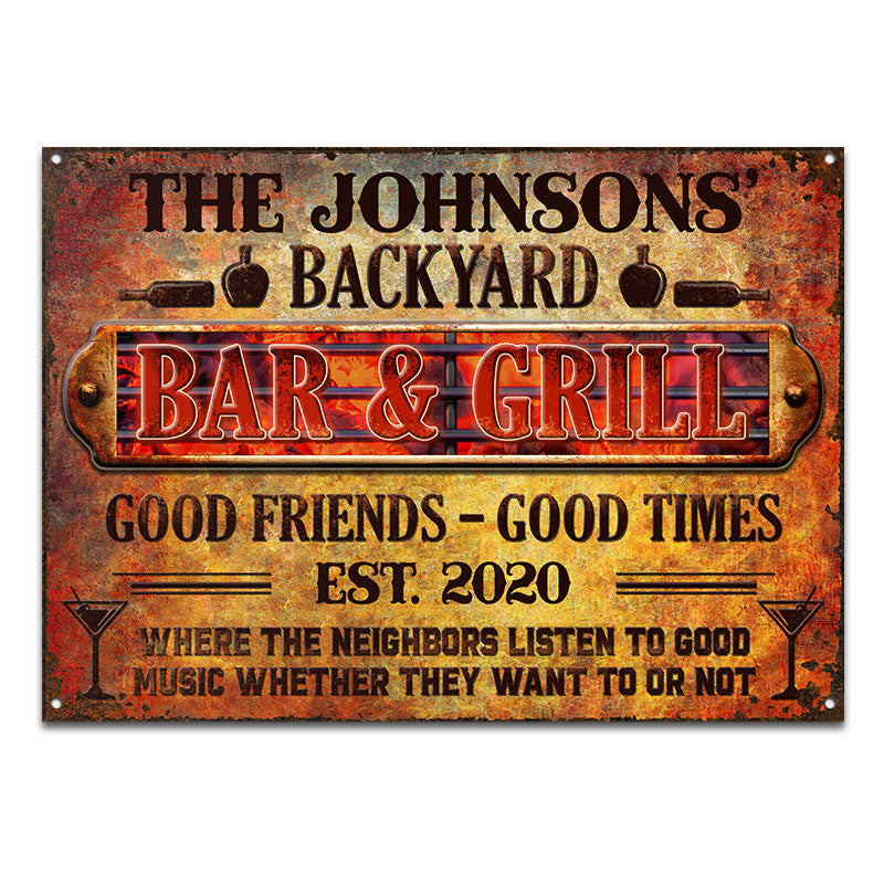 BBQ Backyard Bar & Grill Listen To Good Music - Personalized Custom Classic Metal Signs