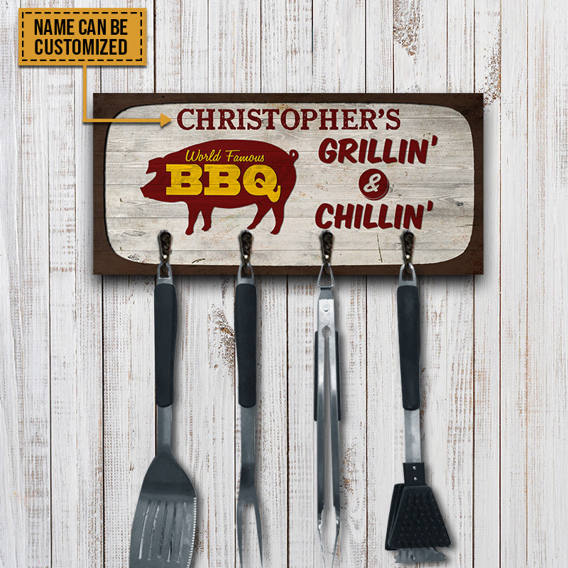 BBQ Utensils Grillin' & Chillin' Personalized Custom Wood Key Holder