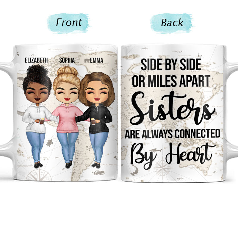 Connected By Heart Hoodie Sisters - Sibling BFF Bestie Gift - Personalized Custom White Edge-to-Edge Mug