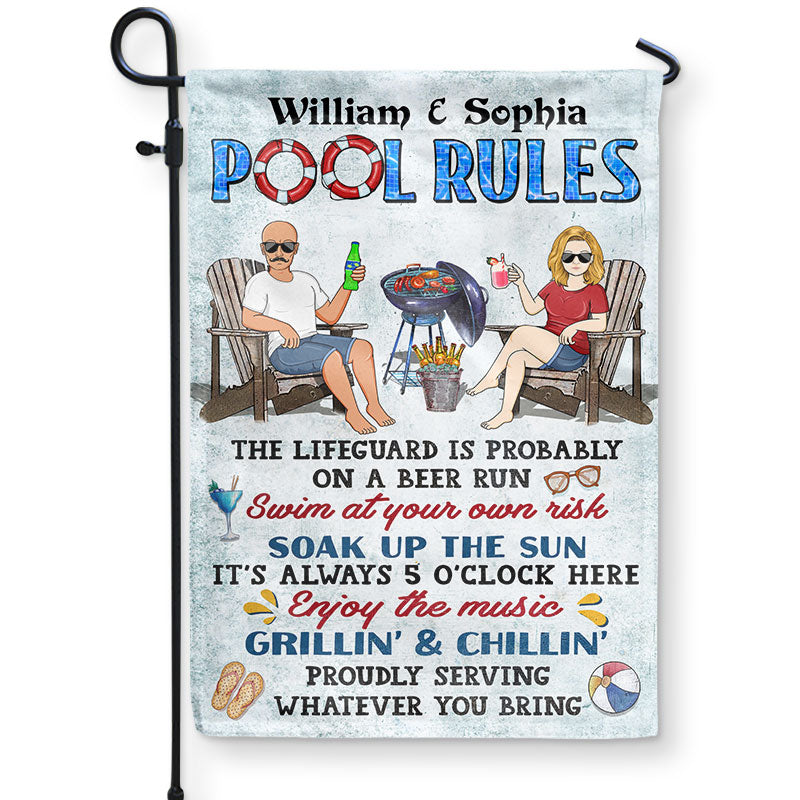 Pool Rules Swim At Your Own Risk Grilling Couple Husband Wife - Backyard Sign - Personalized Custom Flag