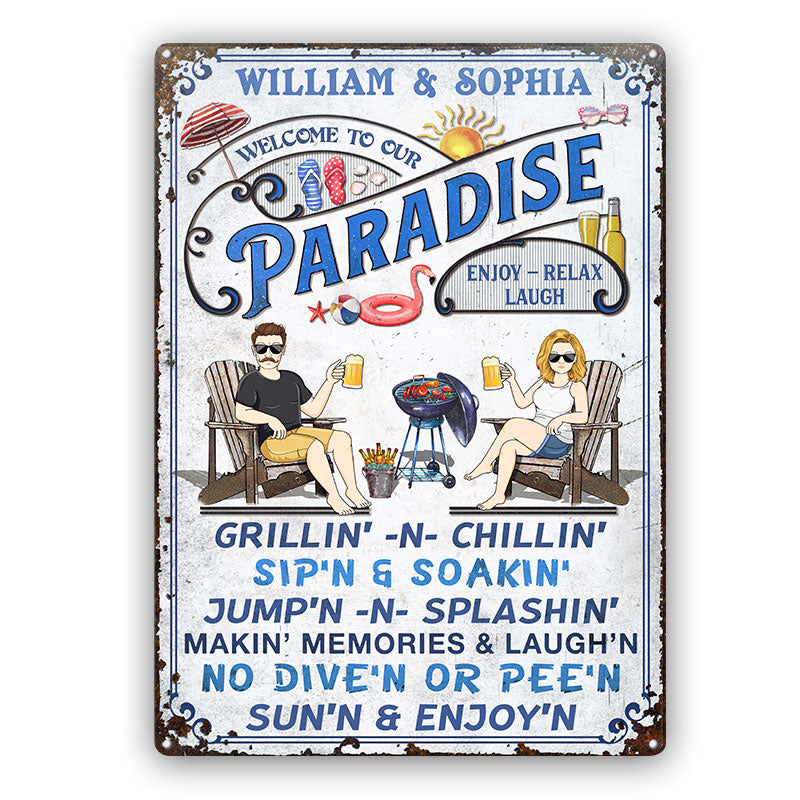 Family Couple Swimming Pool Welcome To Our Paradise - Pool Sign - Personalized Custom Classic Metal Signs