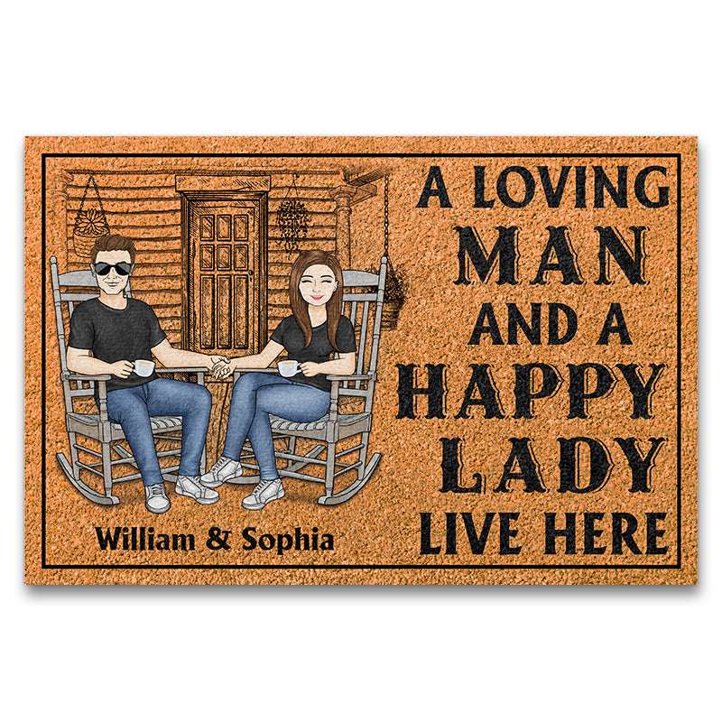 Family Couple A Loving Man And A Happy Lady Live Here - Couple Gift - Personalized Custom Doormat