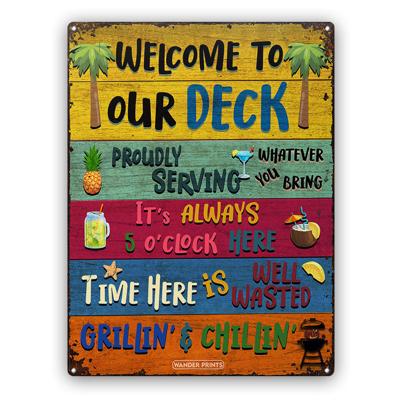 Wander Prints Home Decor - Funny Gift, Birthday Gift For Family, Friends, Neighbor, Couple - Celebrity on Summer Vibes, Pool party, Aniversary - Deck Welcome Grilling Chilling Proudly Serving Whatever You Bring, Classic Metal Signs