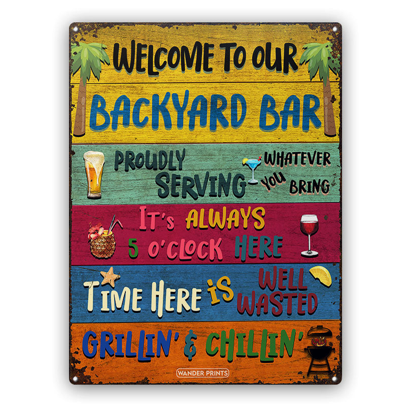 Wander Prints Home Decor - Funny Gift, Birthday Gift For Family, Friends, Neighbor, Couple - Celebrity on Summer Vibes, Pool party, Aniversary - Backyard Bar Welcome Grilling Chilling Proudly Serving Whatever You Bring, Classic Metal Signs