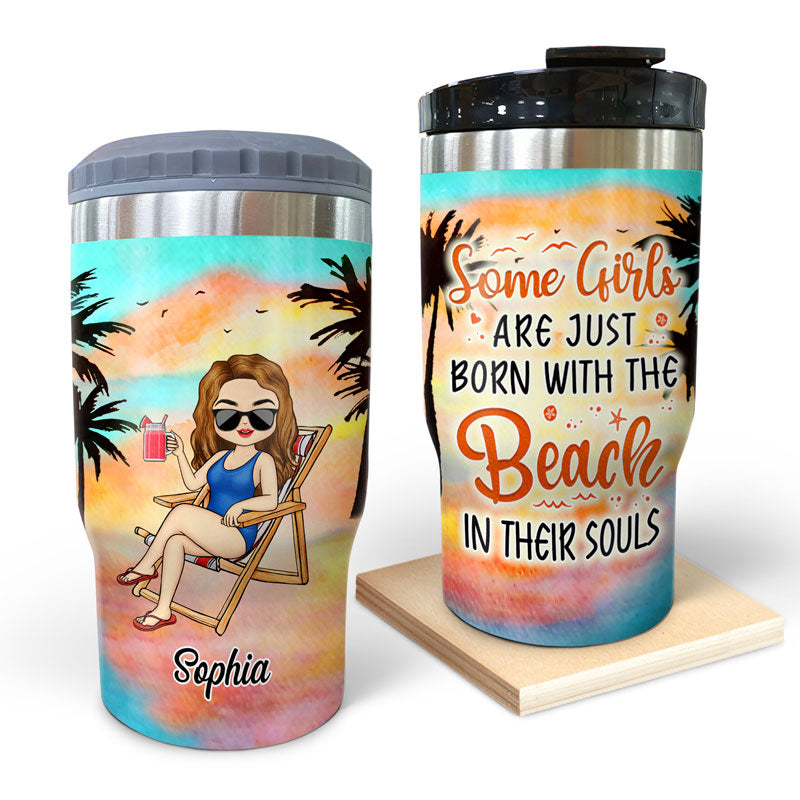 Some Girls Are Just Born With The Beach In Their Souls - Gift For Beach Lovers - Personalized Custom Triple 3 In 1 Can Cooler