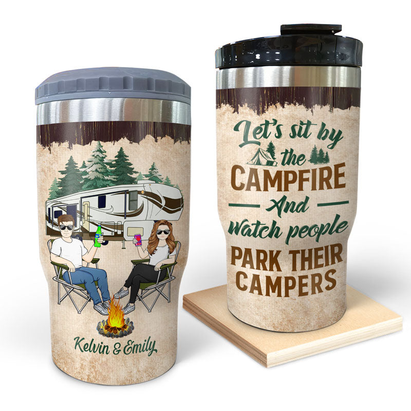 Let's Sit By The Campfire And Watch People Park Their Campers Husband Wife Family - Couple Gift - Personalized Custom Triple 3 In 1 Can Cooler