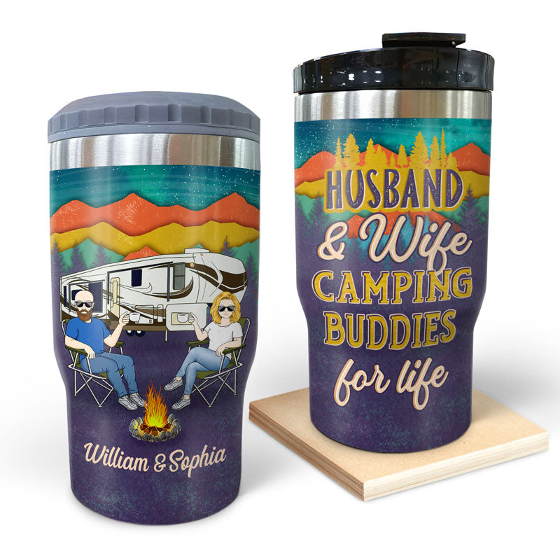 Camping Buddies For Life Husband Wife Family Mountain - Couple Gift - Personalized Custom Triple 3 In 1 Can Cooler
