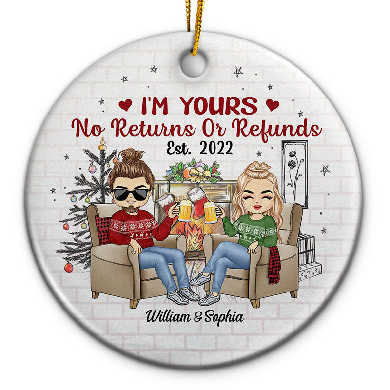 I'm Yours No Returns Or Refunds Sofa Chibi - Christmas Gift For Couples - Personalized Custom Circle Ceramic Ornament