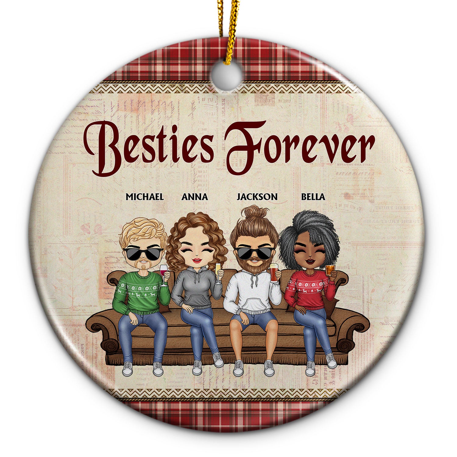 Besties Forever Sisters Brothers Siblings Family - Christmas Gift - Personalized Custom Circle Ceramic Ornament