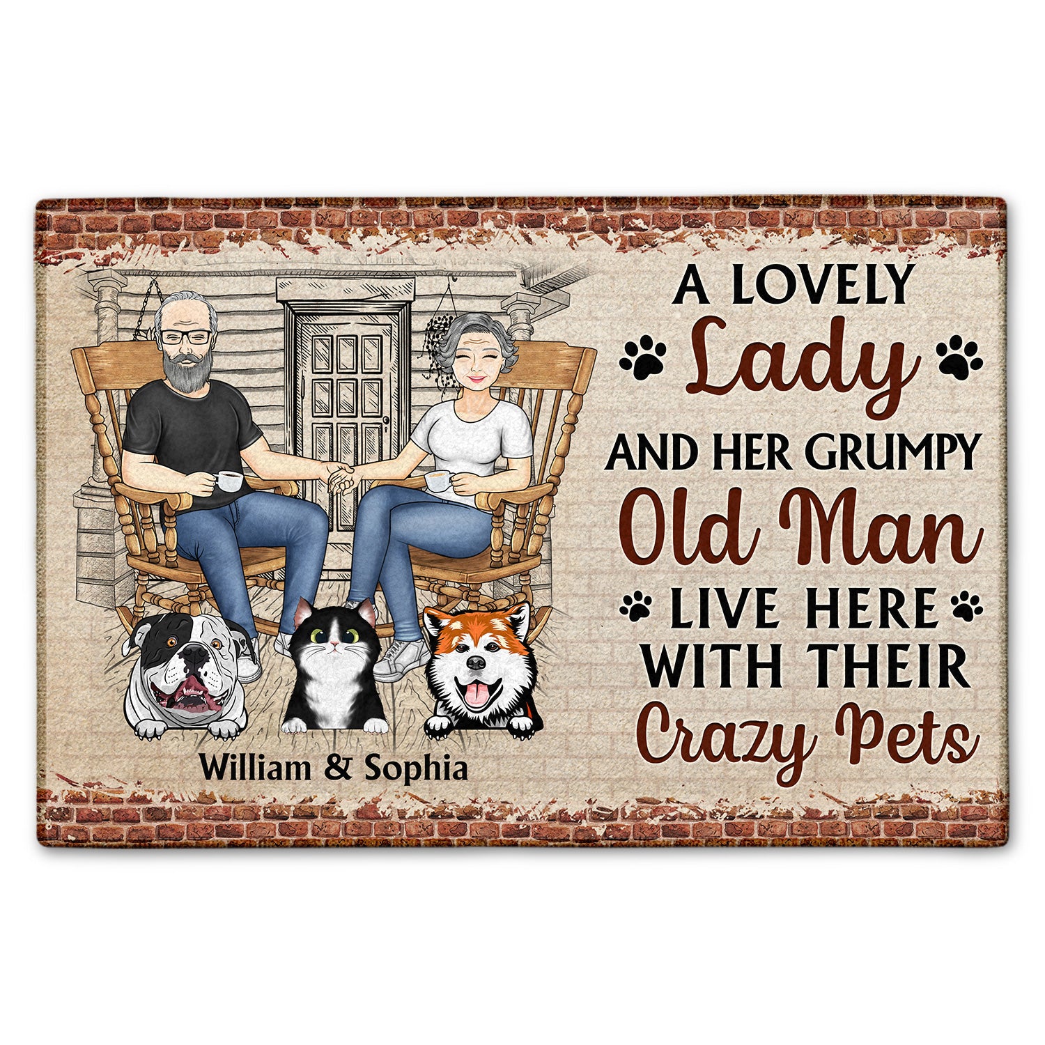 Family Couple A Lovely Lady And Her Grumpy Old Man Live Here With Their Crazy Pets - Gift For Dog Lovers And Cat Lovers - Personalized Custom Doormat