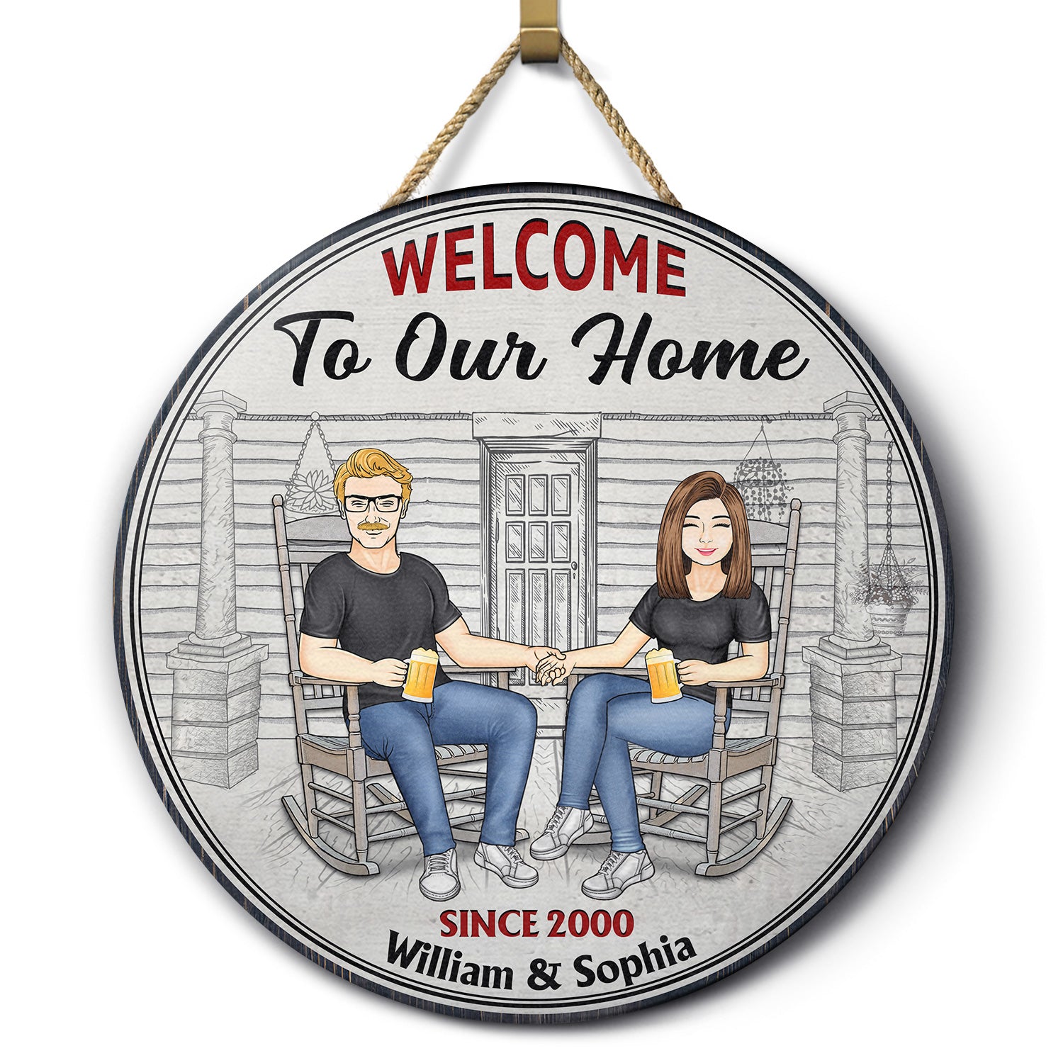 Family Couple Welcome To Our Home - Couple Gift - Personalized Custom Wood Circle Sign