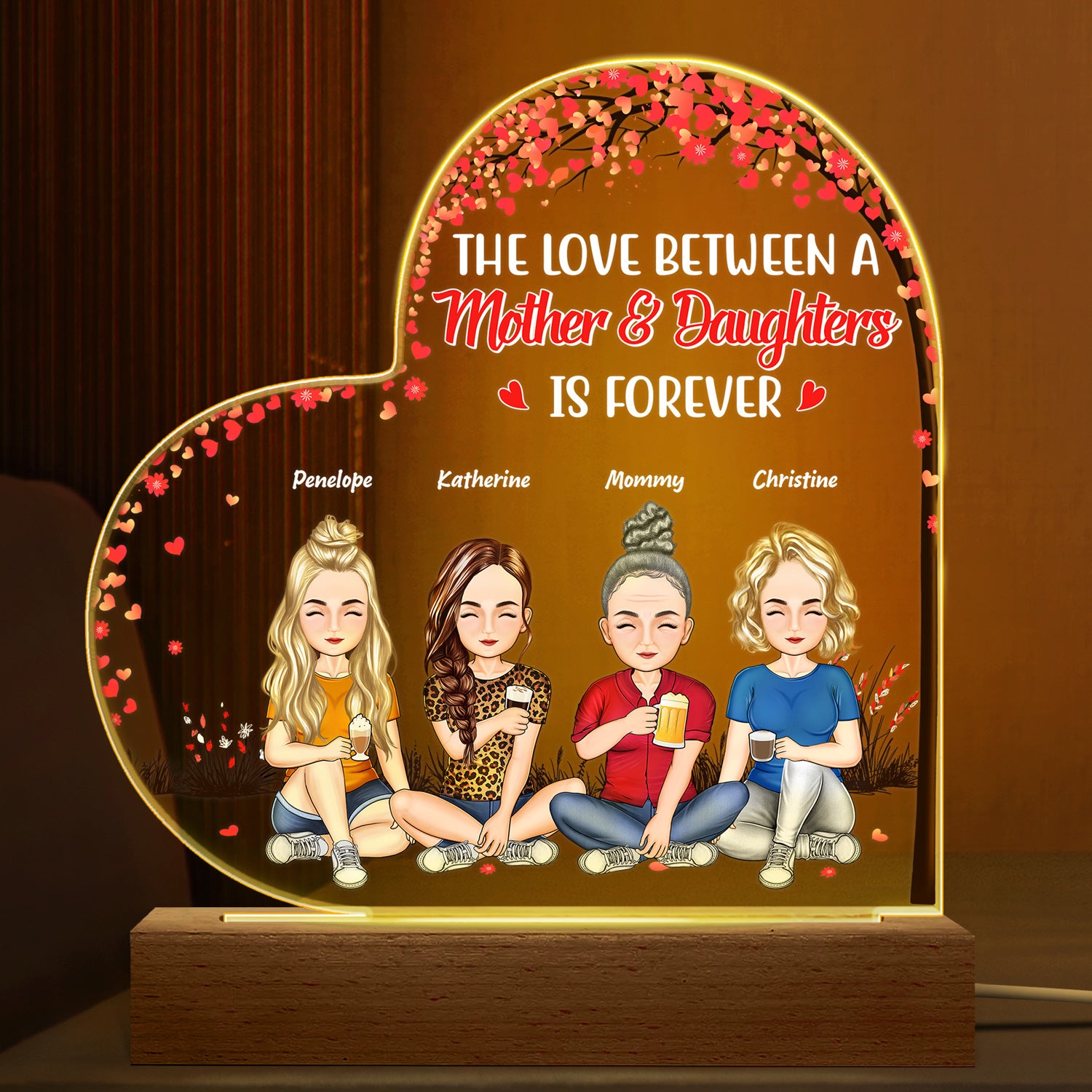 The Love Between Mother And Daughters Sons Children Is Forever - Birthday, Loving Gift For Mommy, Mother, Grandma, Grandmother - Personalized Custom 3D Led Light Wooden Base