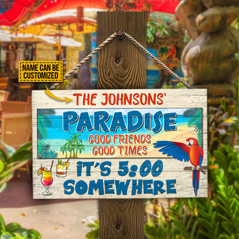 Beach Parrot Paradise It's 5 O'clock Somewhere, Beach House, Outdoor Bar Decor, Custom Wood Rectangle Sign