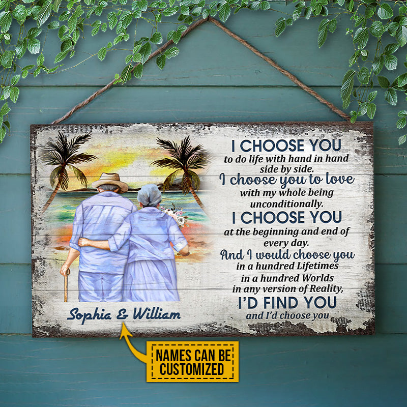 Beach Old Couple Husband Wife I Choose You Custom Wood Rectangle Sign, Anniversary Gift, Memorial Gift, Sympathy, Wall Pictures, Wall Art, Wall Decor, Grandparents Day Gifts