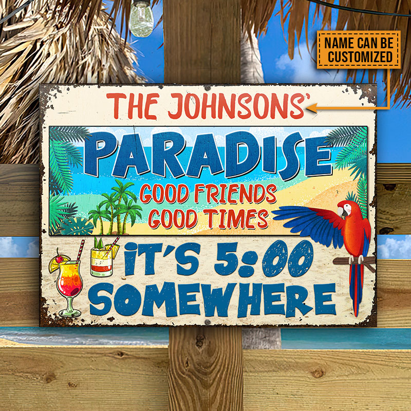 Beach Parrot Paradise It's 5 O'Clock Somewhere, Beach House, Outdoor Bar Decor, Custom Classic Metal Signs