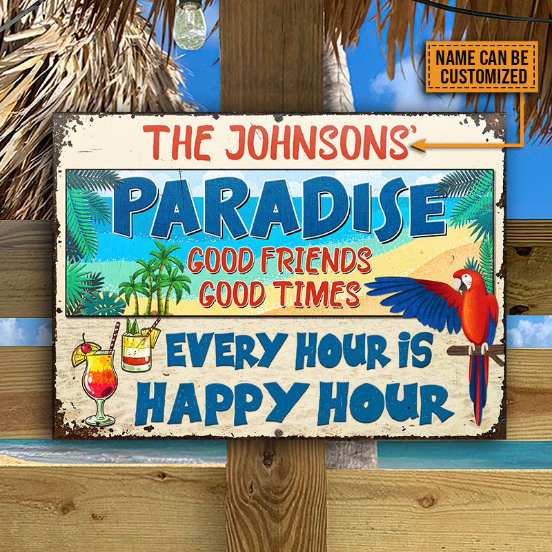 Beach Parrot Paradise Happy Hour, Beach House, Outdoor Bar Decor, Custom Classic Metal Signs