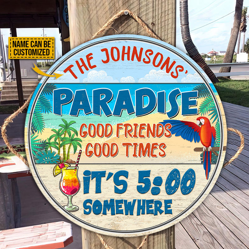 Beach Parrot Paradise It's 5 O'Clock Somewhere, Beach House, Outdoor Bar Decor, Custom Wood Circle Sign