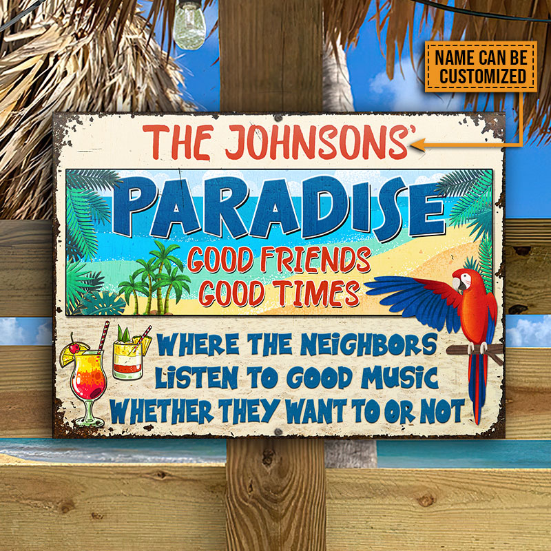 Beach Parrot Paradise Good Music, Beach House, Outdoor Bar Decor, Custom Classic Metal Signs