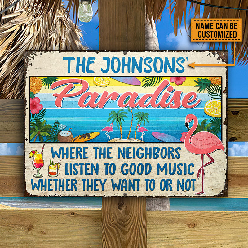 Beach Flamingo Paradise Good Music, Beach House, Bar Decor, Yard Sign, Custom Classic Metal Signs