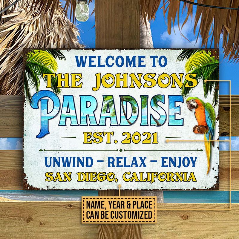Beach House Parrot Paradise Unwind Relax Enjoy Custom Classic Metal Signs, Beach House Decor