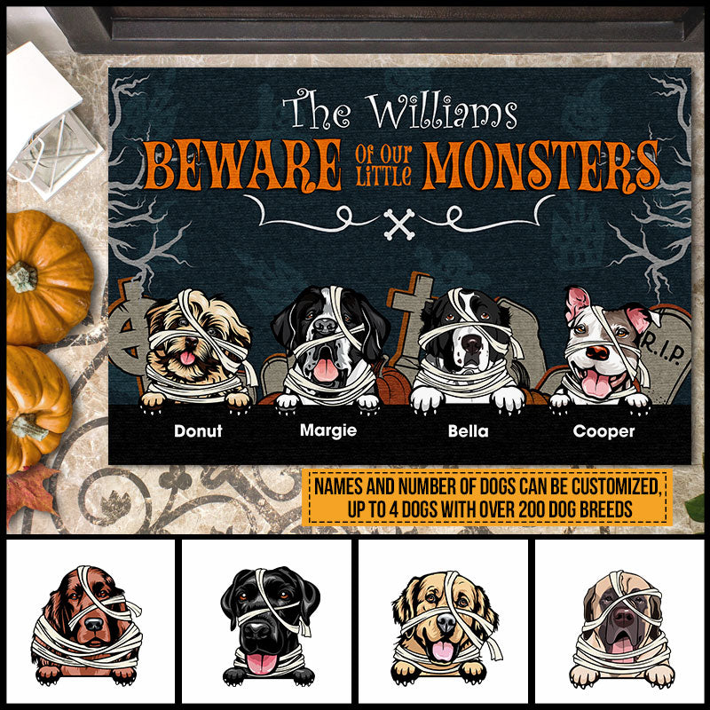 Beware Of Our Little Monsters Custom Doormat, Halloween Decor, Dog Lover Gift, Dog Mummy Costume