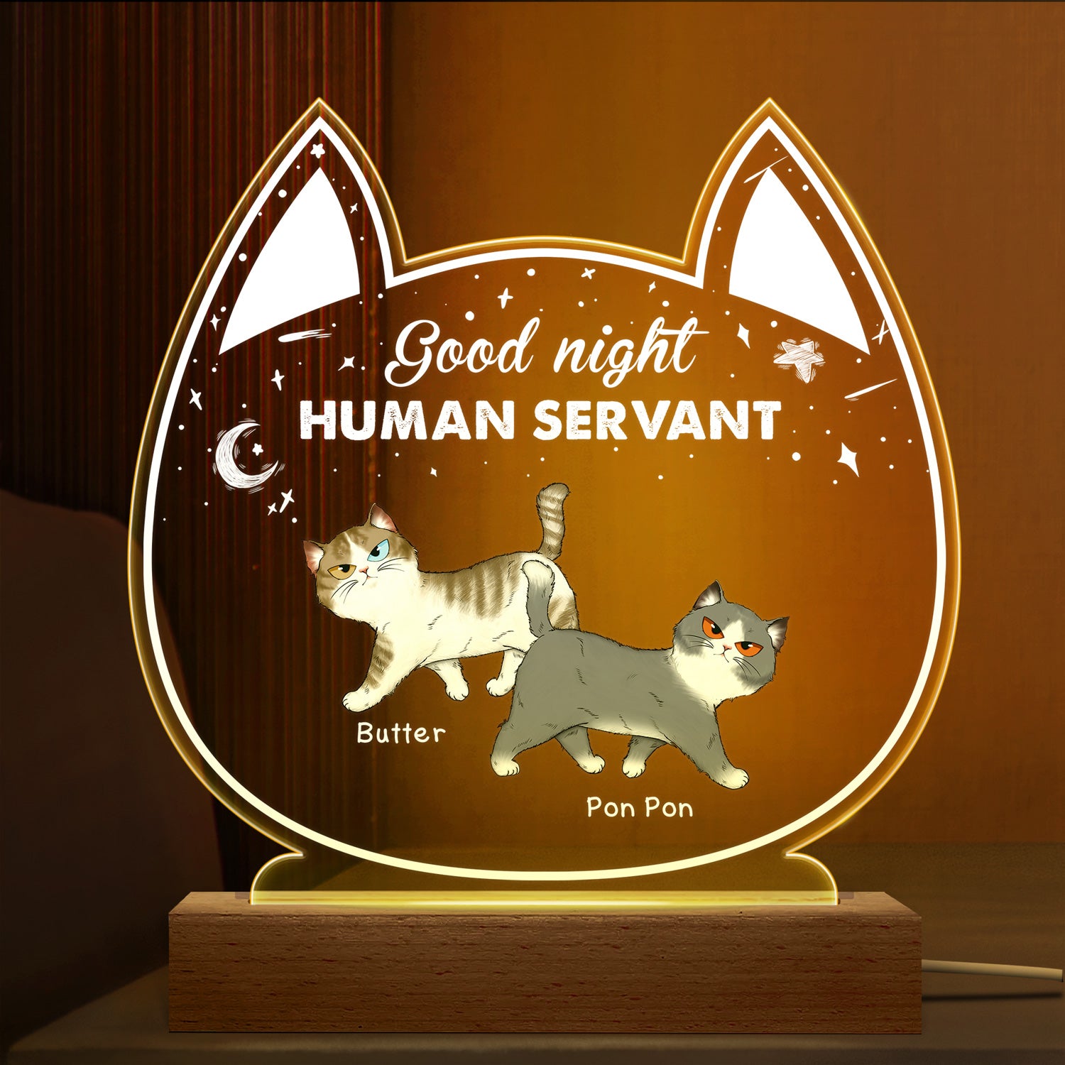 Good Night Human Servant - Gift For Cat Mom, Cat Dad - Personalized Custom 3D Led Light Wooden Base