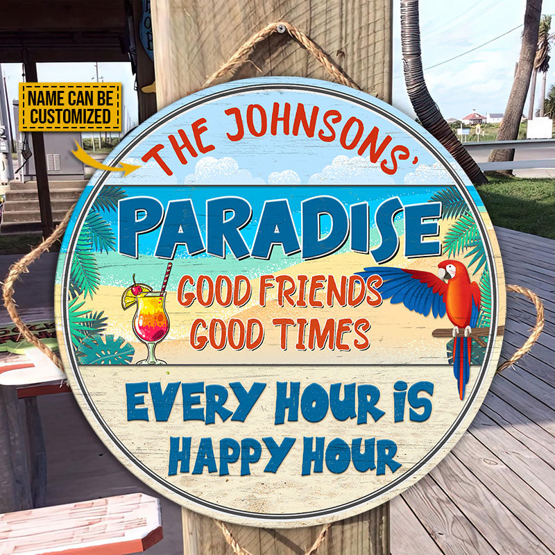 Beach Parrot Paradise Happy Hour, Beach House, Outdoor Bar Decor, Custom Wood Circle Sign
