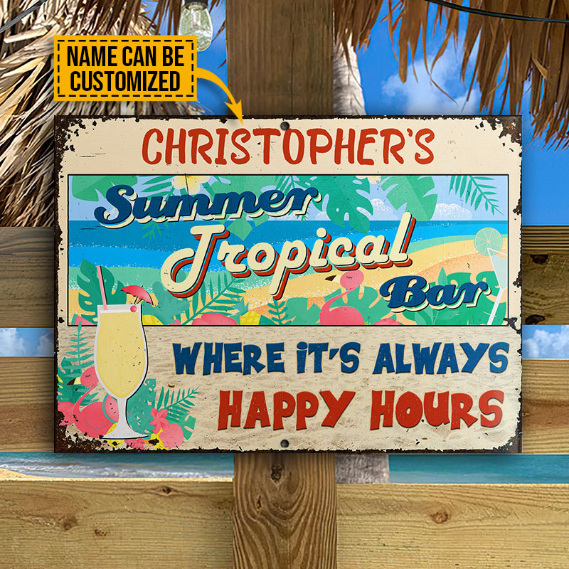 Beach Summer Tropical Bar Happy Hours, Outdoor Bar Decor, Custom Classic Metal Signs
