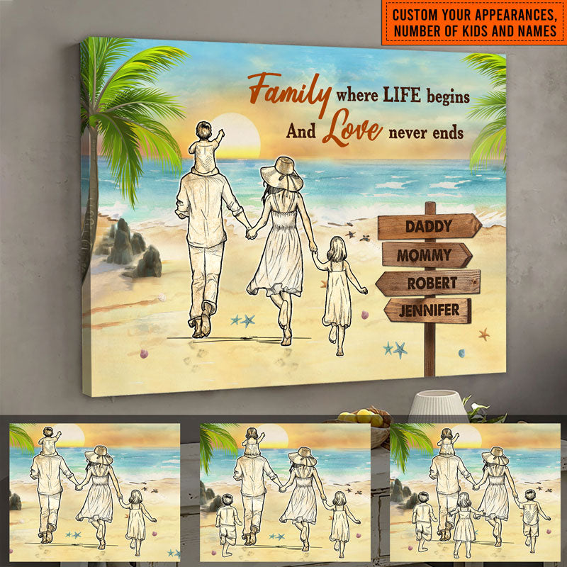 Beach Family Where Begins And Love Never Ends Custom Canvas, Personalized Canvas, Family Gift