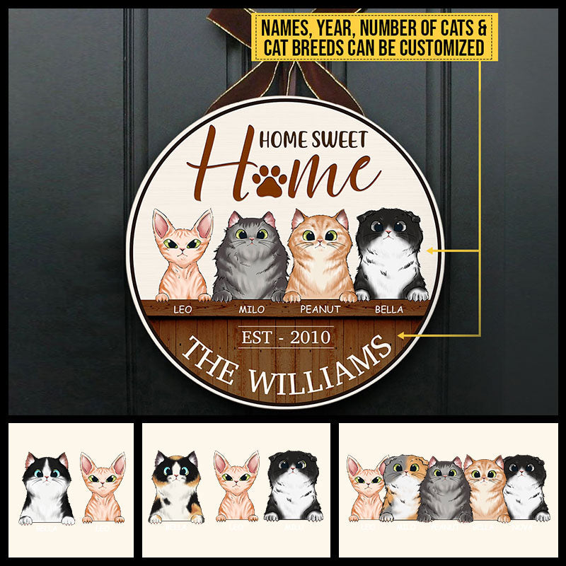 Cat Home Sweet Home Custom Wood Circle Sign, Home Decor, Front Door Decor, Cat Lovers Gift