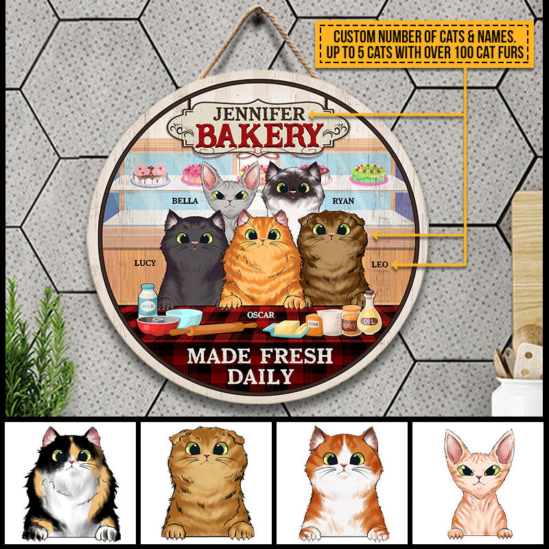 Cat Bakery Made Fresh Daily Custom Wood Circle Sign, Personalized Funny Cat Wood Sign, Gift For Cat Lovers, Baking Lovers