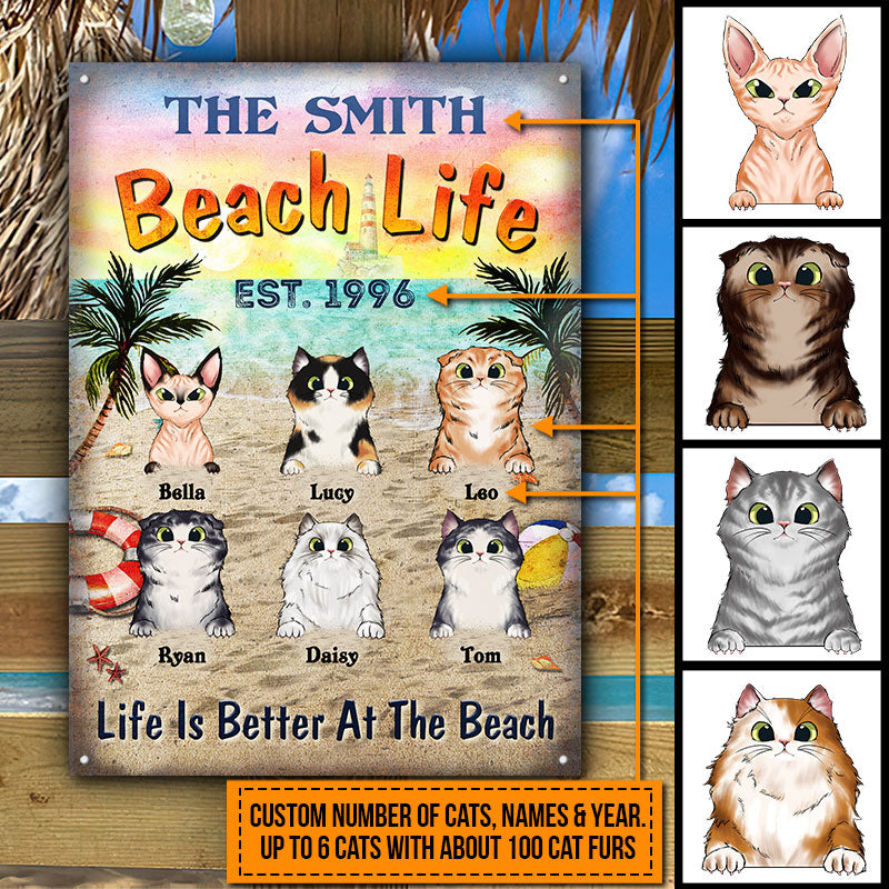 Cat Beach Life Life Is Better With Cats At The Beach Custom Classic Metal Signs, Personalized Funny Cat Sign, Gift For Cat Lovers