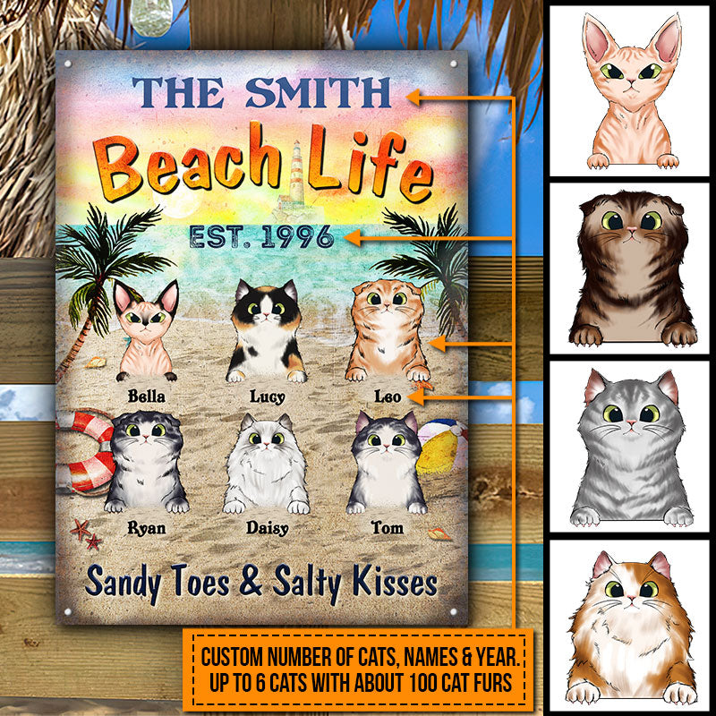 Cat Beach Life Sandy Toes & Salty Kisses Custom Classic Metal Signs, Personalized Funny Cat Sign, Gift For Cat Lovers