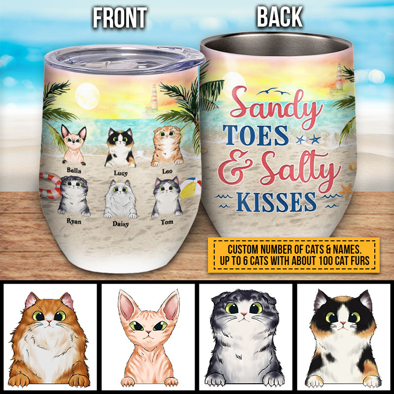 Cat Beach Sandy Toes & Salty Kisses Custom Wine Tumbler, Personalized Funny Cat Tumbler, Gift For Cat Lovers