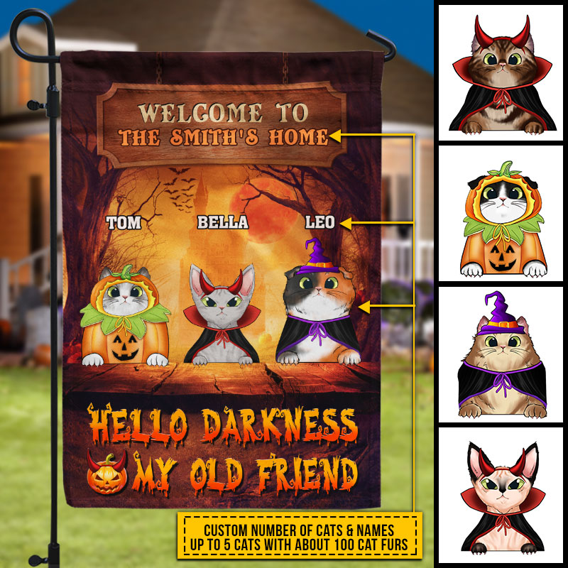 Cat Cosplay Hello Darkness My Old Friend Custom Flag, Pumpkin, Devil & Witch Cat Costumes, Personalized Halloween Decor, Cat Flag