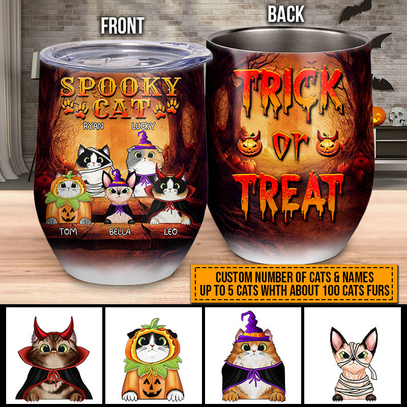 Cat Cosplay Trick Or Treat Custom Wine Tumbler, Pumpkin, Devil & Witch Cat Costumes, Personalized Halloween Drinkware, Gift For Cat Lovers