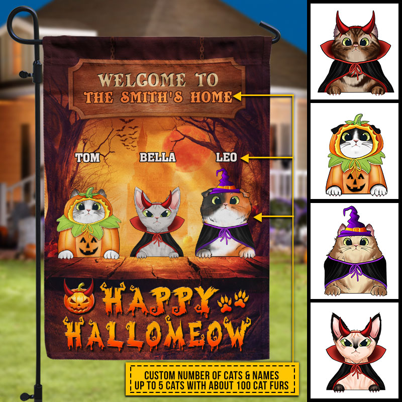 Cat Cosplay Happy Hallomeow Custom Flag, Pumpkin, Devil & Witch Cat Costumes, Personalized Halloween Decor, Cat Flag