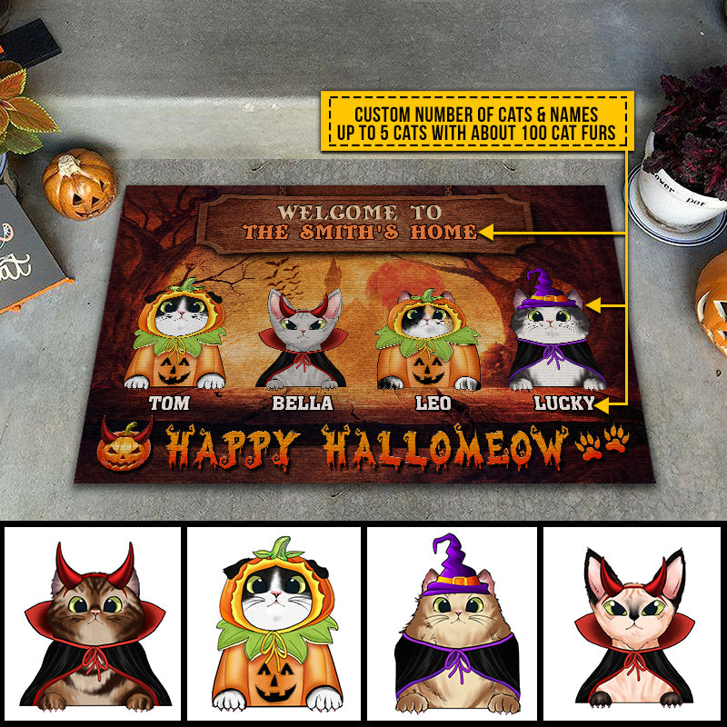Cat Cosplay Happy Hallomeow Custom Doormat, Pumpkin, Devil & Witch Cat Costumes, Personalized Halloween Decor