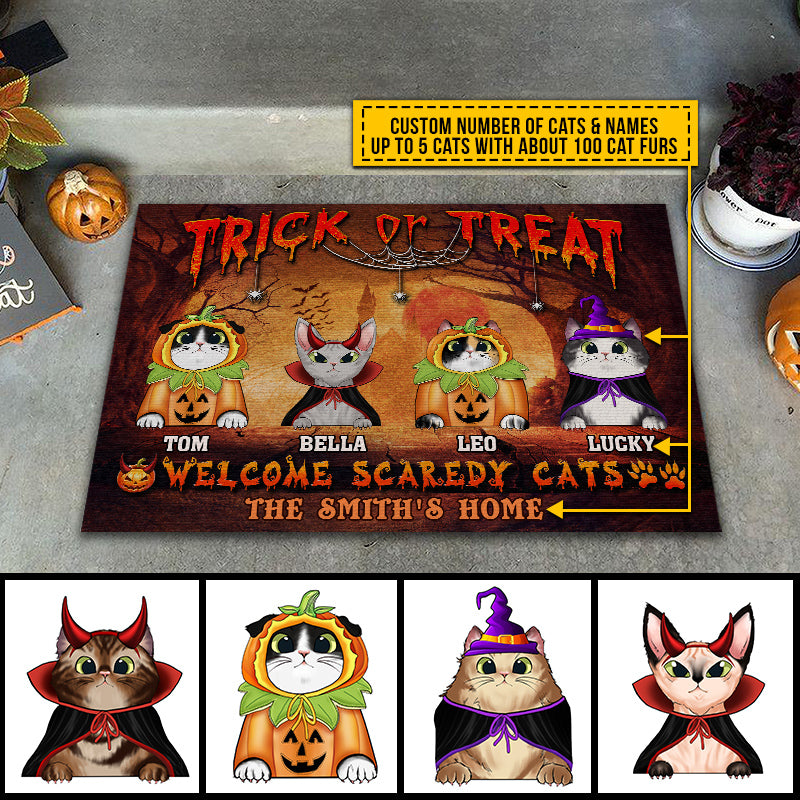 Cat Cosplay Trick Or Treat Custom Doormat, Pumpkin, Devil & Witch Cat Costumes, Personalized Halloween Decor