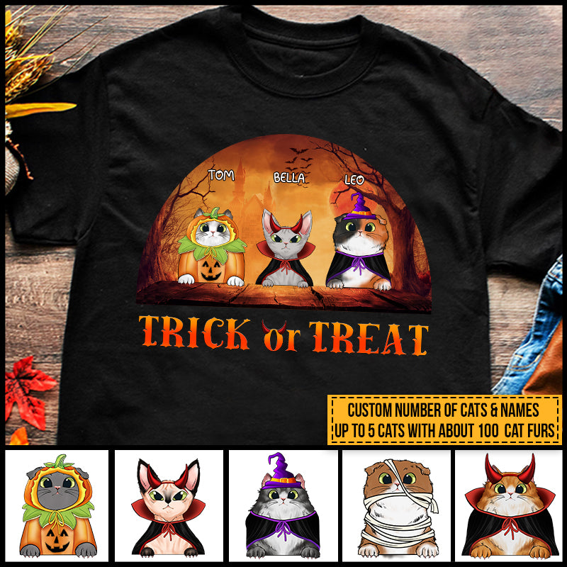 Cat Cosplay Trick Or Treat Custom T Shirt, Pumpkin, Devil & Witch Cat Costumes, Personalized Halloween Shirt, Gift For Cat Lovers
