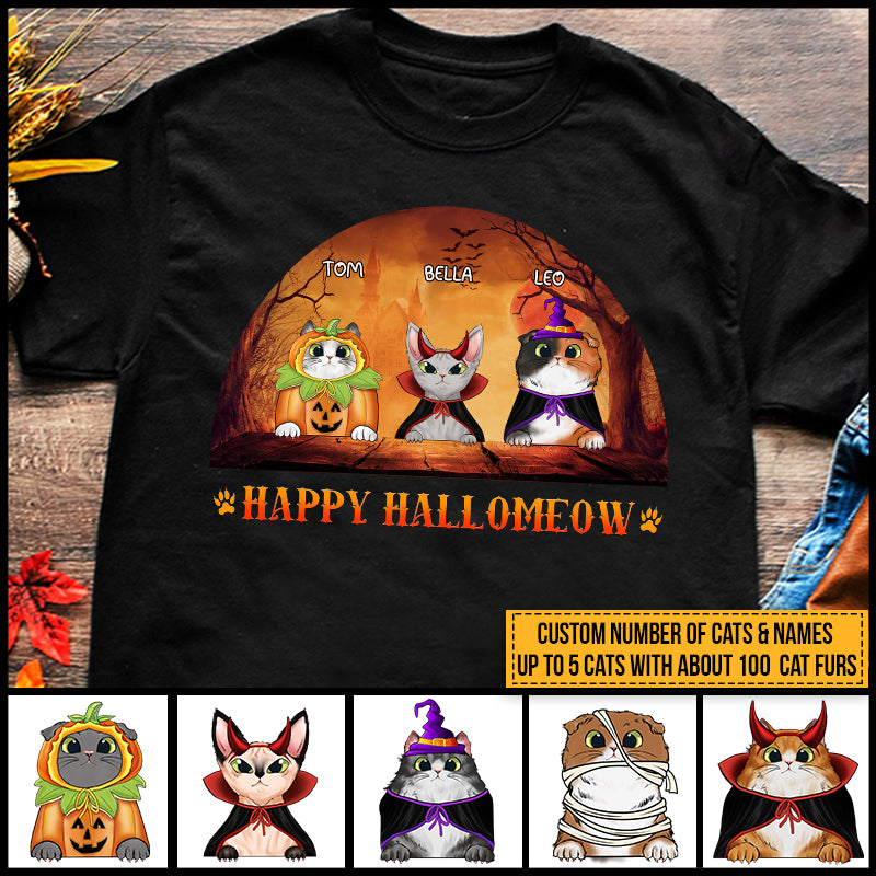 Cat Cosplay Happy Hallomeow Custom T Shirt, Pumpkin, Devil & Witch Cat Costumes, Personalized Halloween Shirt, Gift For Cat Lovers