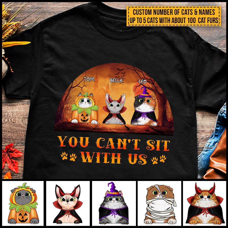 Cat Cosplay You Can't Sit With Us Custom T Shirt, Pumpkin, Devil & Witch Cat Costumes, Personalized Halloween Shirt, Gift For Cat Lovers
