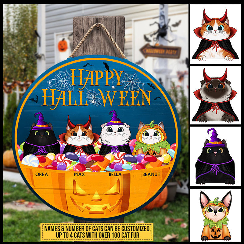 Cat Happy Halloween Custom Wood Circle Sign, Halloween House Decoration, Personalized Halloween Door Hanger, Cat Lover Gift